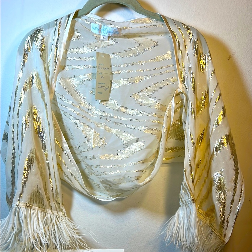 Gold and Cream Sheer Kimono with Fringe Harrison Morgan Shoulder Shawl O/S NWT